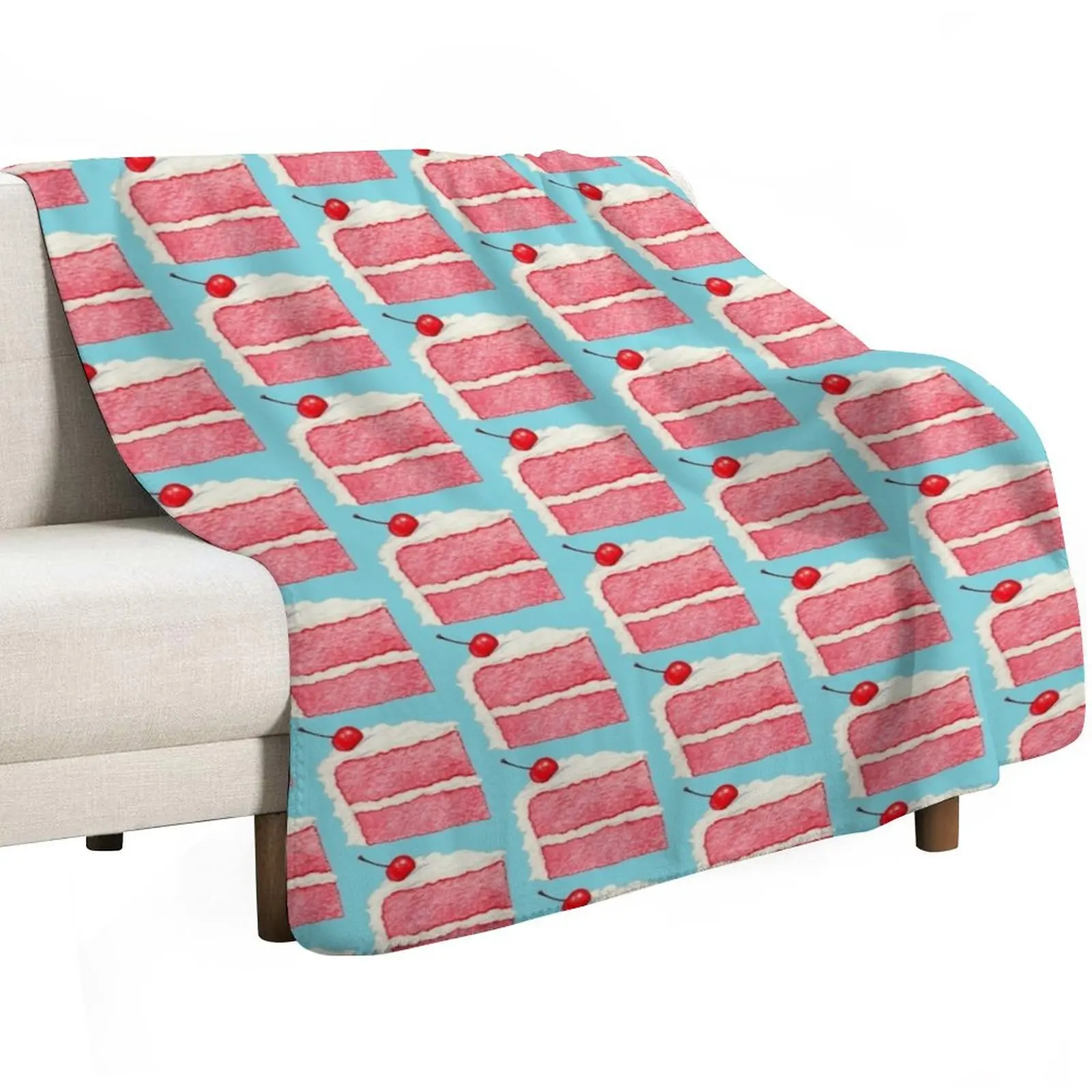Cherry Cake Slice Pattern - Blue Throw Blanket Retros Furry funny gift Blankets For Sofas Sofa Quilt For Sofa Thin Blankets