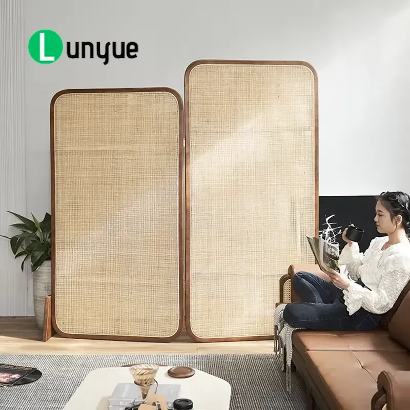 Nordic Japanese Rattan Screen Movable Room Divider with Storage Function for Living Room Bedroom Decoration Space Saving