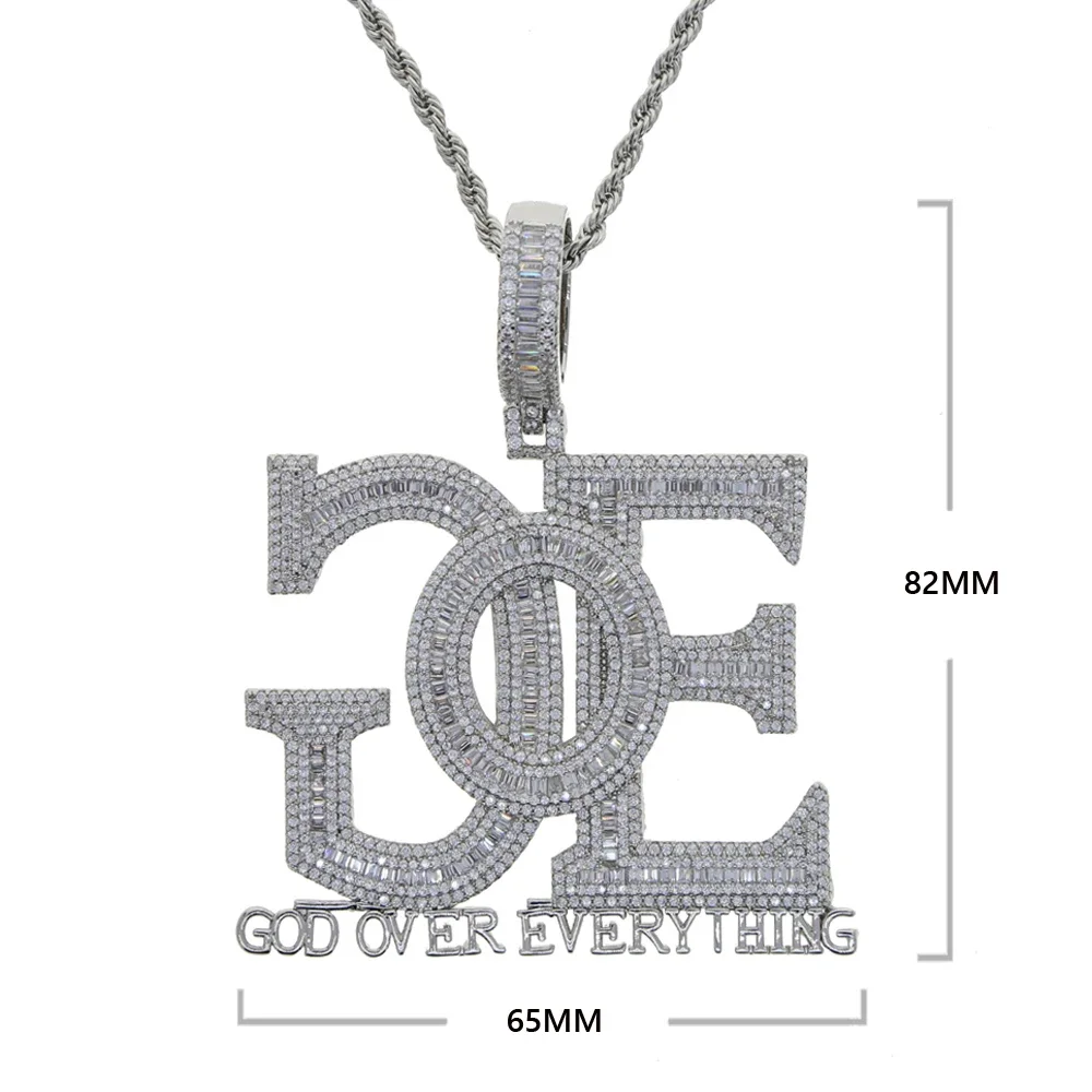Fashionable ice out GOE letter pendant necklace rectangular and circular CZ paving charm men's hip-hop rope chain party jewelry