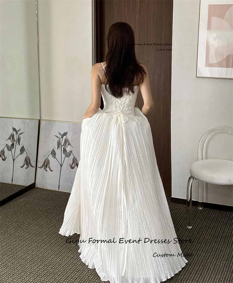 Giyu Elegant A Line Silk Draped Wedding Dresses Korea Photoshoot Spaghetti Straps Sweetheart Floor Length Bride Dress Corset