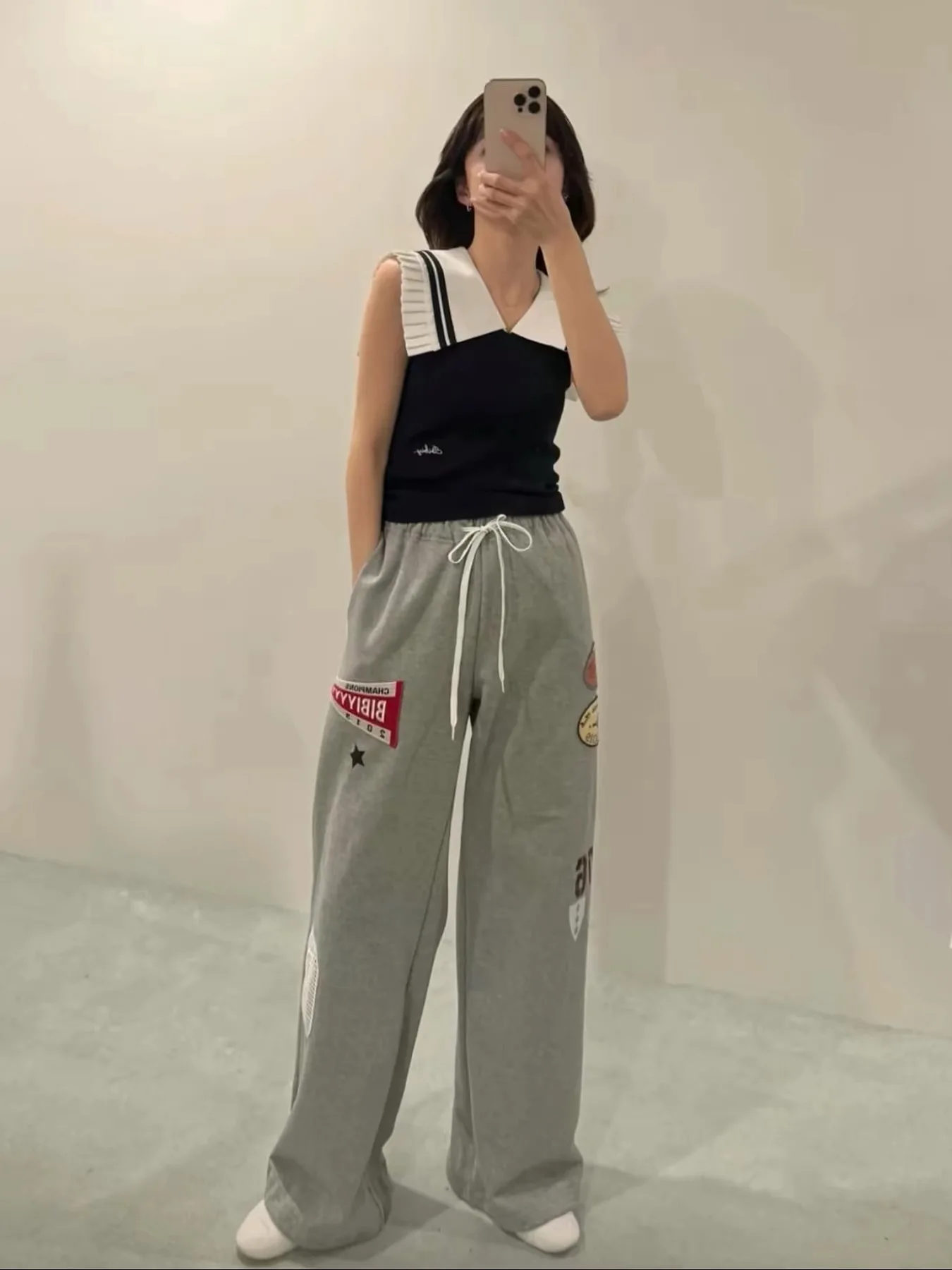 Bibi Graffiti Patchwork Sports Casual Pants Asymmetric High Waist Loose Fit Straight Leg Long Trousers for Women