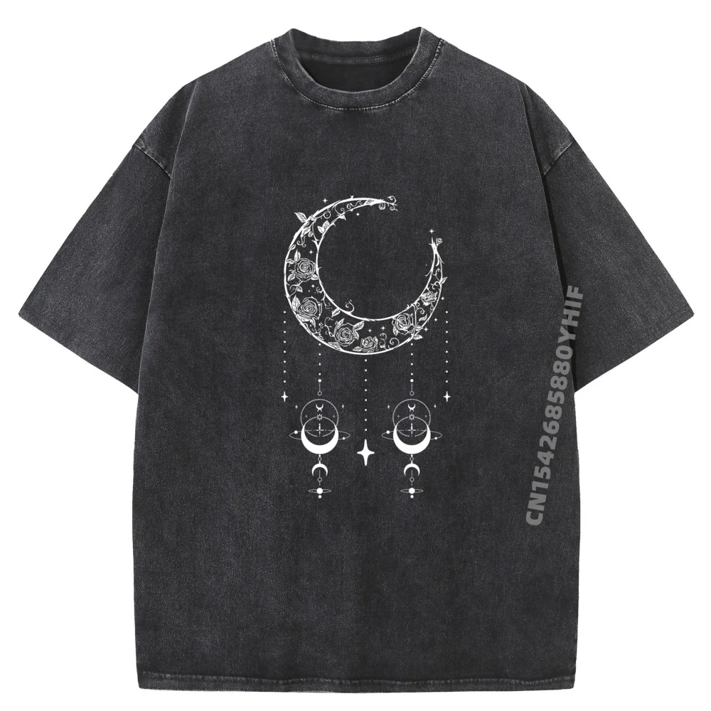 

Floral Rose Crescent Moon Gothic Witchy Luna Mystic Premium Black T Shirt Printed T-Shirt Mens Trend Washed Shirt