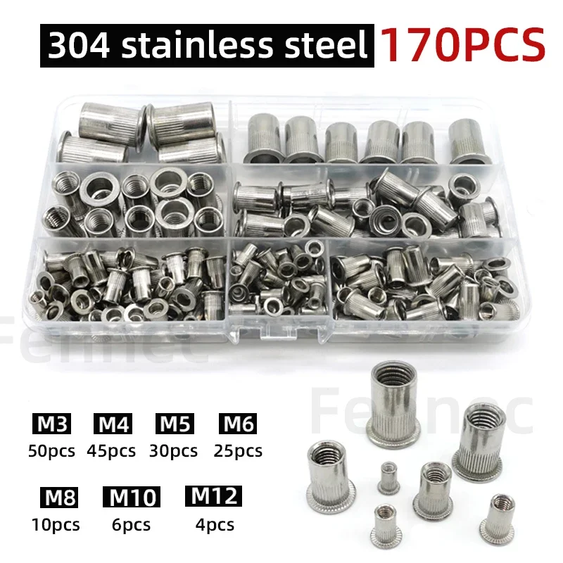 170PCS 304 Stainless Steel Rivet Nut Assort Set Flat Head Threaded Rivet Nut M3 M4 M5 M6 M8 M10 M12 Metric Insert Rivet Nuts