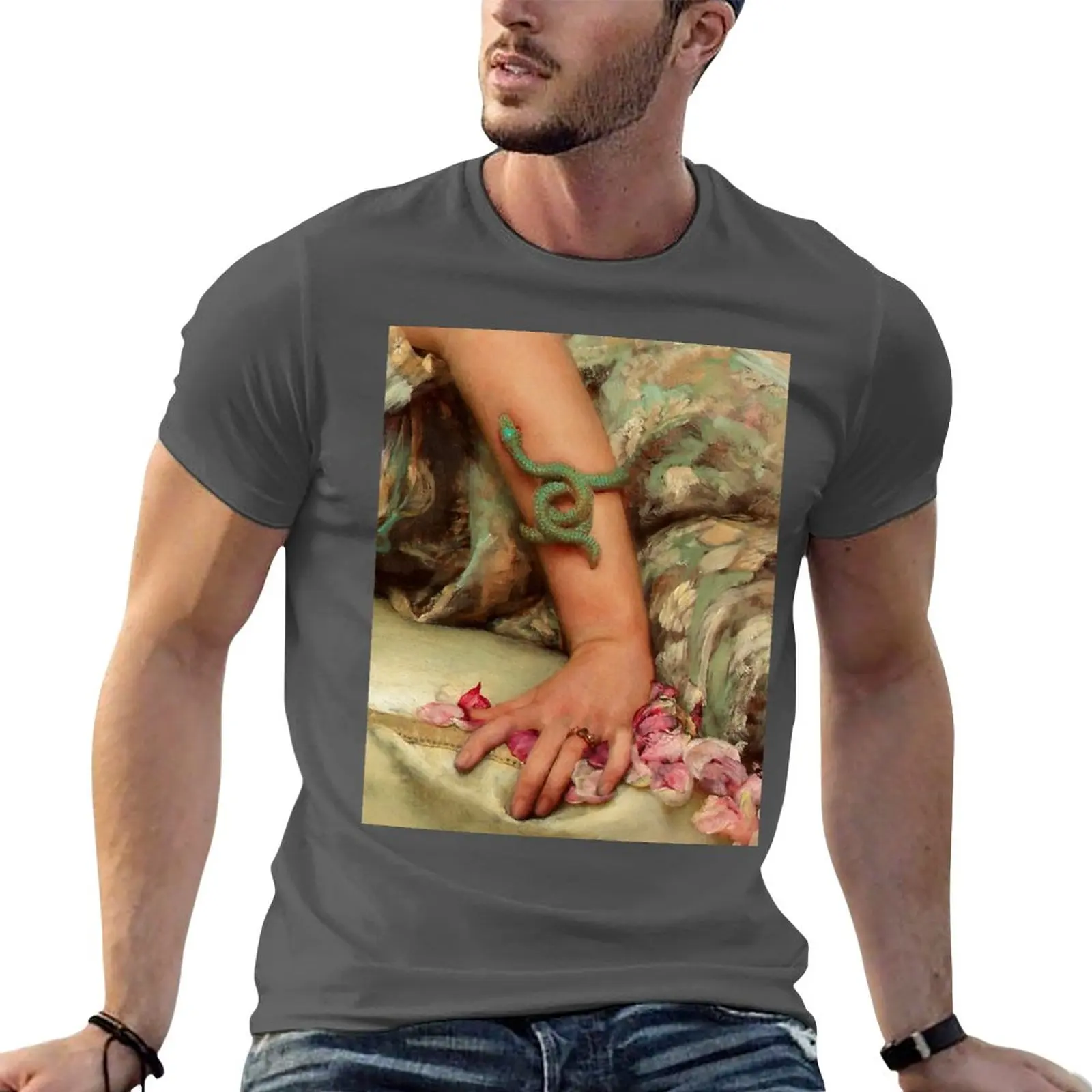 New Pre-Raphaelite Woman's hand with Serpent bracelet Rose Petals detail T-Shirt custom t shirt mens white t shirts