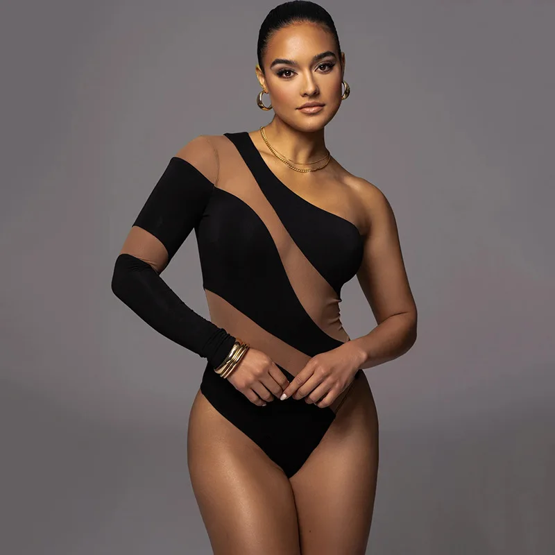 

Women Jumpsuit Autumn Sexy See-Through Long Sleeve One Shoulde Skinny Bodysuit Fashion Asymmetrical Spliced Tight Jumpsuit Tops