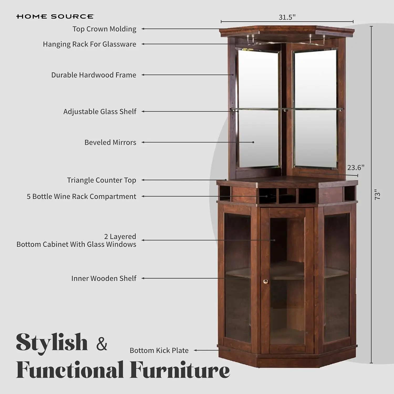 Home Source Corner Bar Unit 73" Charcoal with Two Glass Shelves, Built-in Wine Rack, Storage Living, Home Office, Kitchen