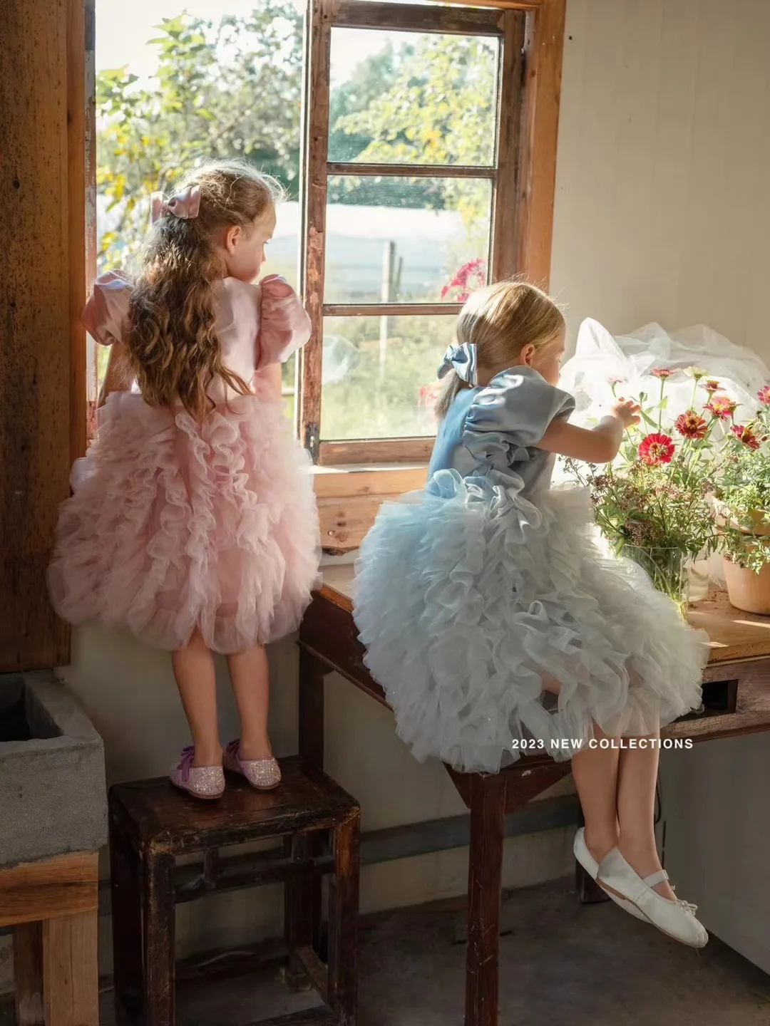 Vestidos de princesa de manga corta para niñas, bata de pastel para el Día de los niños, vestido de flores dulces, WF9706, 2023