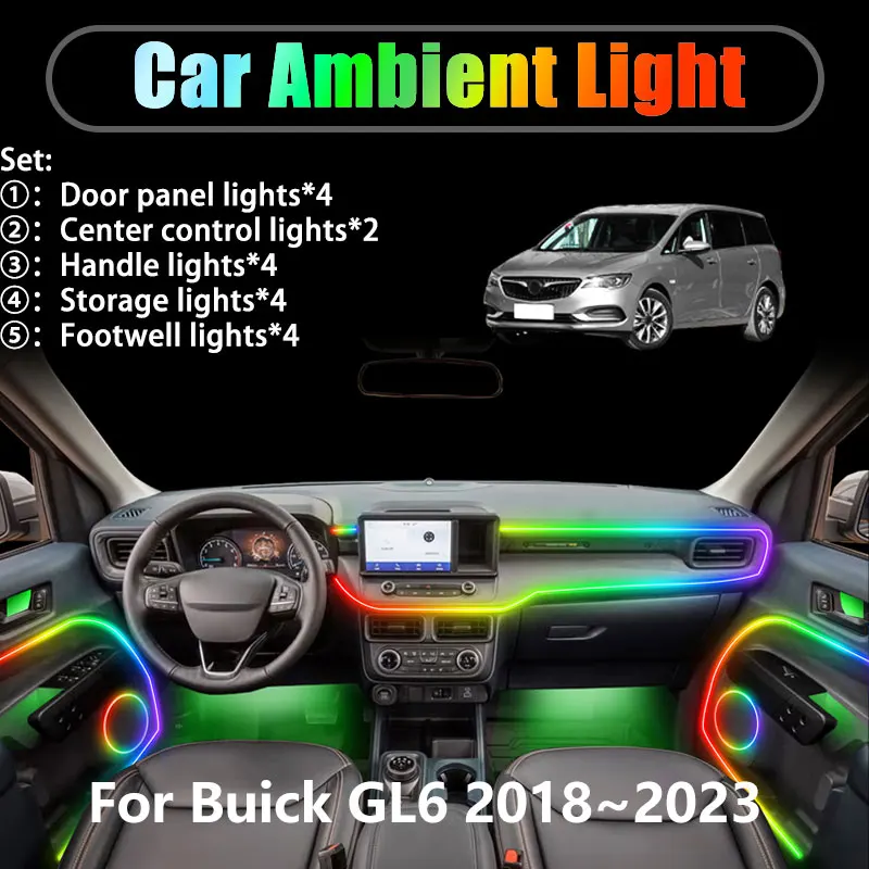 

Для Buick GL6 2018 ~ 2023 2019 2020 2021 2/18 в 1 Автомобильное окружающее освещение Светодиодные внутренние светодиодные фонари багажника USB RGB Ensemble Streamer
