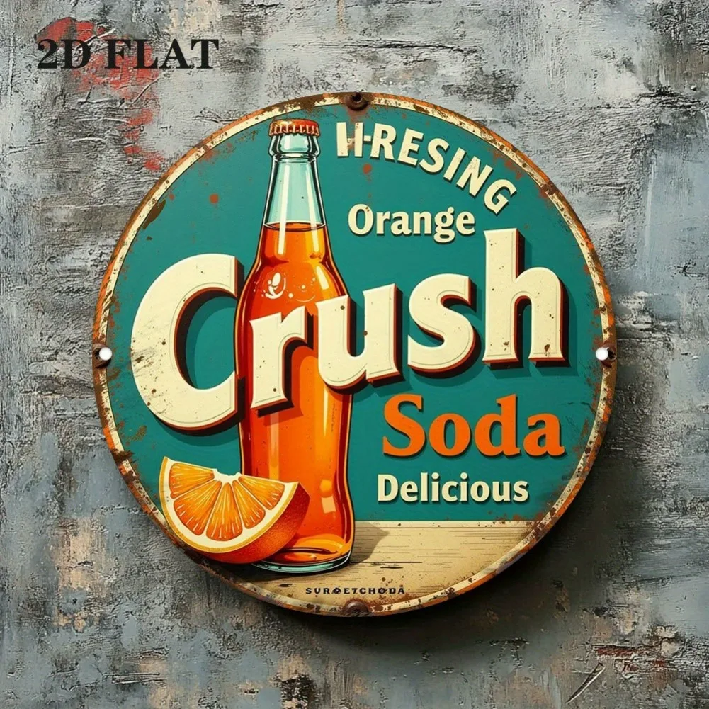 لافتة معدنية مسطحة ثنائية الأبعاد، قطعة واحدة من "HResing Orange Crush Soda" - ديكور عشاء قديم من الخمسينيات من القرن الماضي، أزرق مخضر - فن جداري من الألومنيوم خفيف الوزن