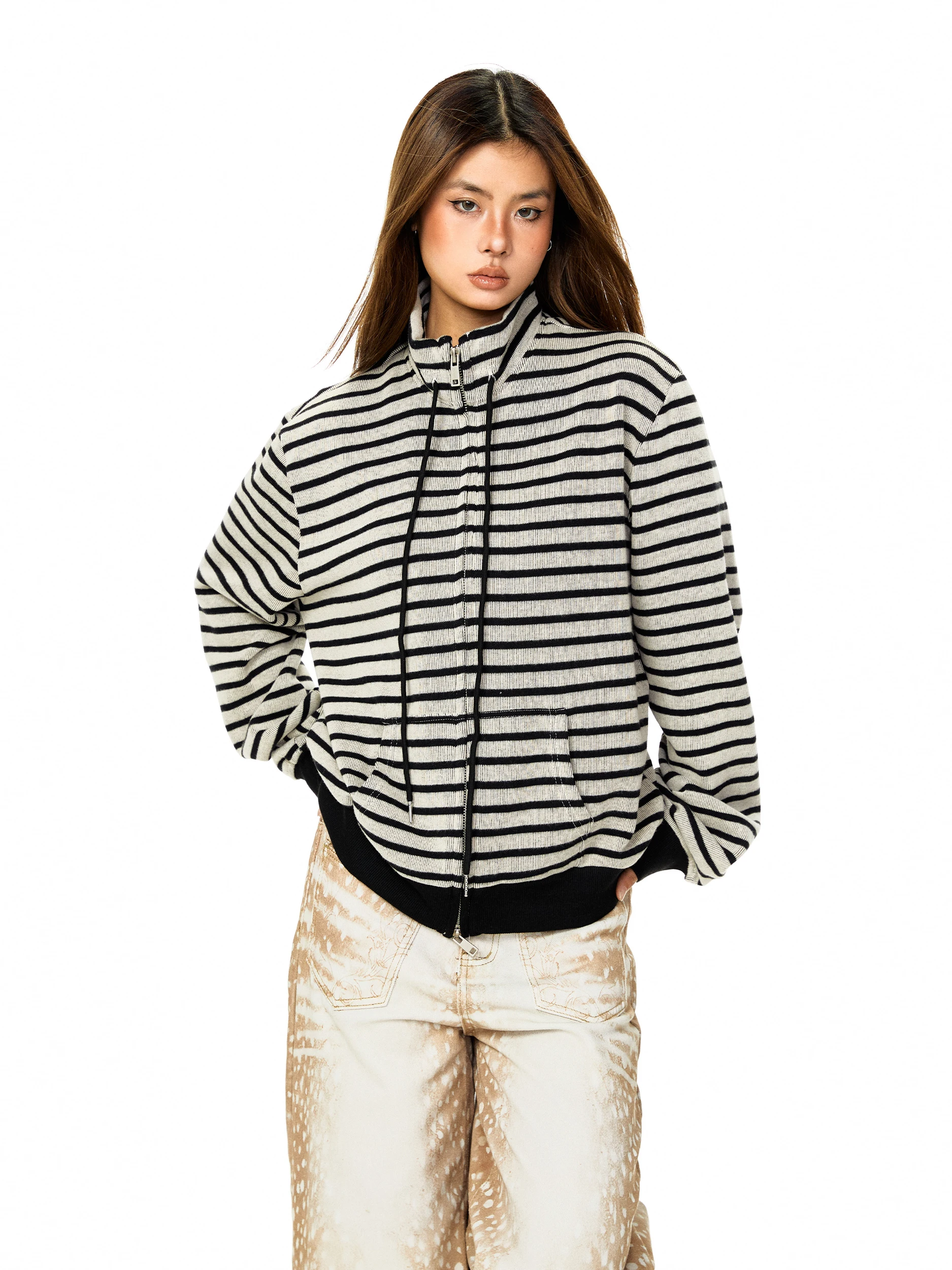 

Blabb American Retro Striped Stand Collar Zipper Knitted Open Cardigan Women's Spring New Loose ort Outerwear