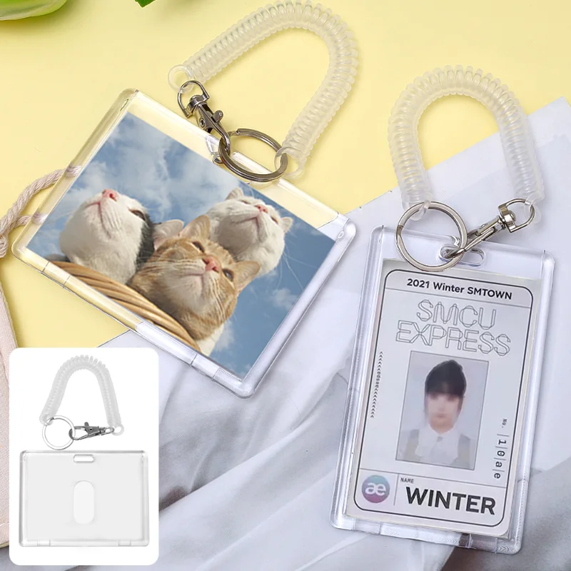 

Ins Acrylic Photocard Holder Kpop Idol Card Holder Transparent Photo Sleeves ID Bus Card Protector with Spring Lanyard Keychain