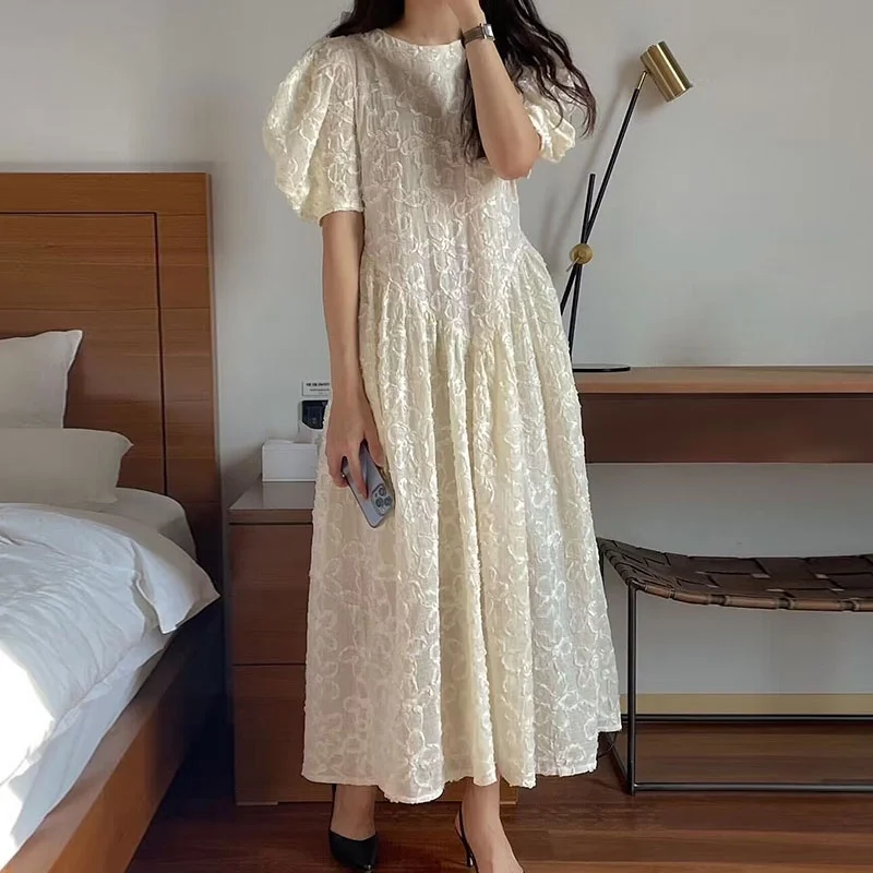 ชุดเดรสยาวทรงบับเบิ้ล ดีไซน์ดอกไม้ 3 มิติ สไตล์เกาหลี แฟชั่นผู้หญิง เอวสูง รุ่น Chic Spring Gentle Personali round Ne