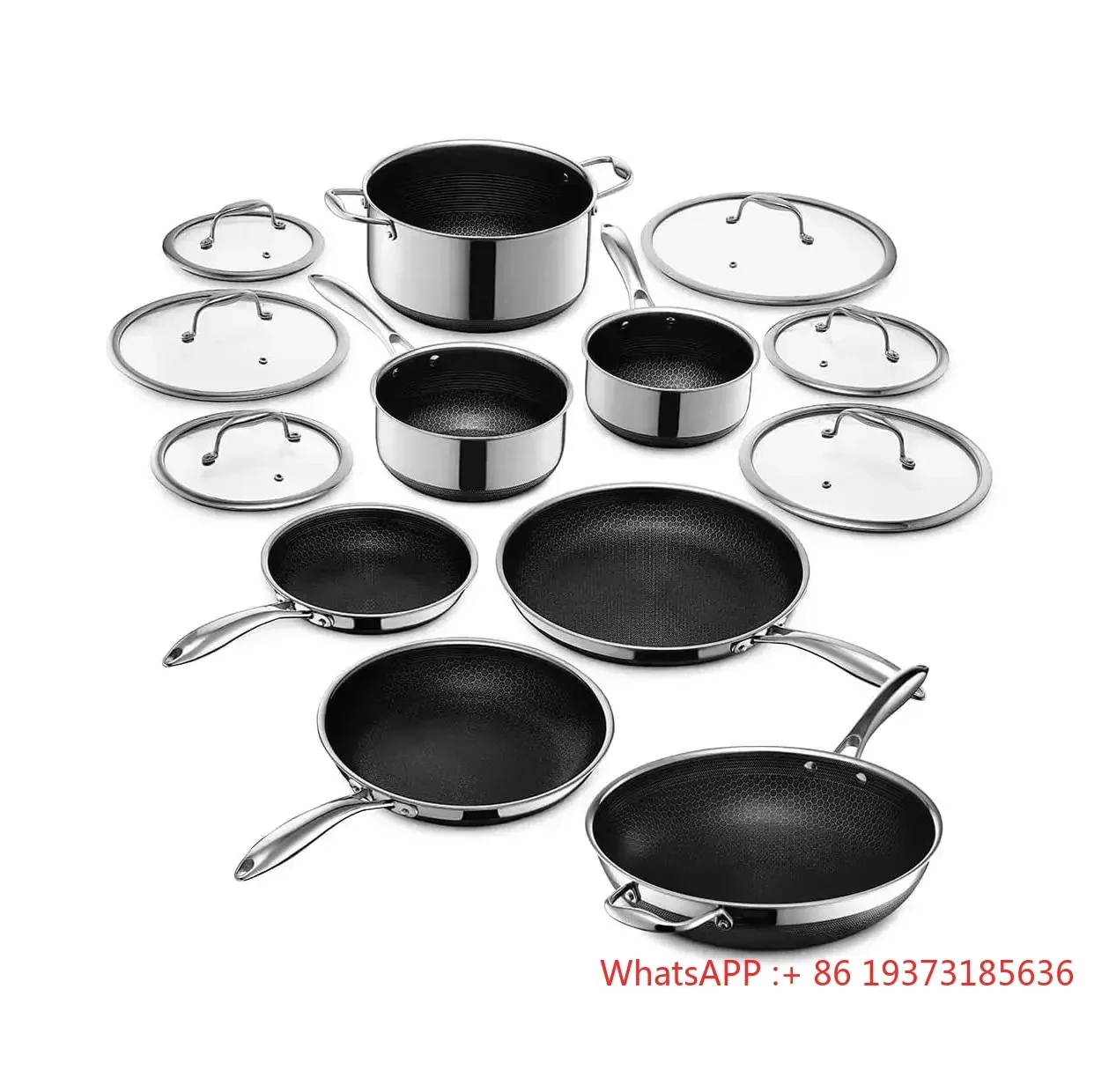 13 Pc HexClad Hybrid Cookware Set W/ Lids Wholesale Stainless Steel Wok Pan Honeycomb Nonstick Coating Fry Pan