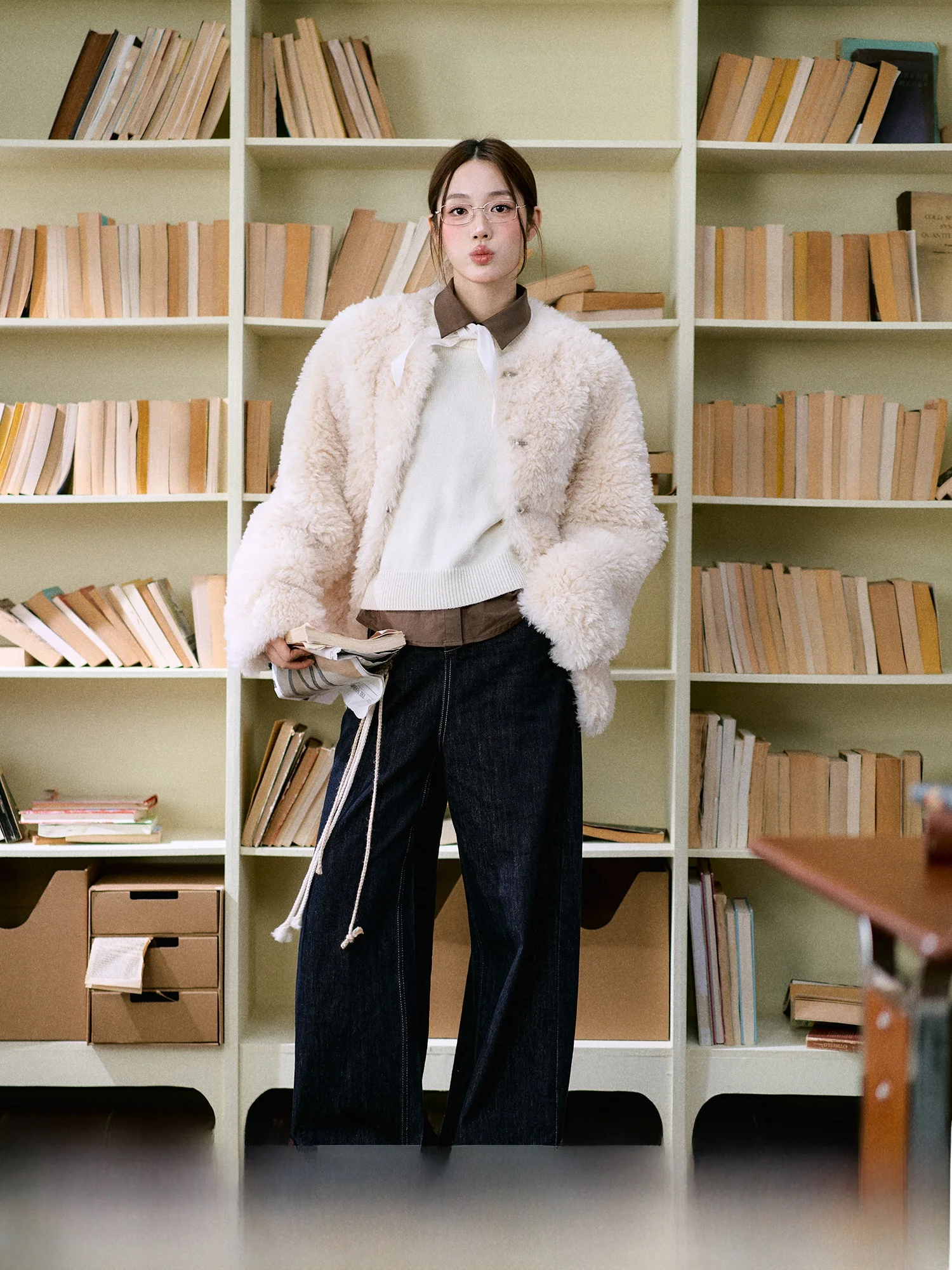 Casaco de Pele E com Gola Redonda para Mulheres, Aquecimento de Inverno, Couro Ecológico, Estilo Simples, Manga Longa,...