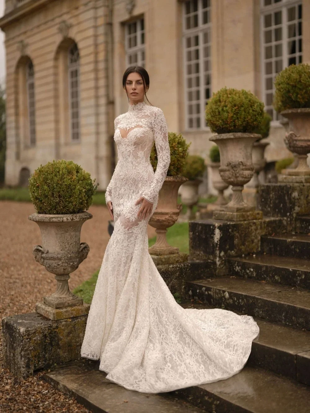 

Shiny Pearls Lace Mermaid Bride Robe Modest Bridal Gown 2025 Customized Robe De Mariée
