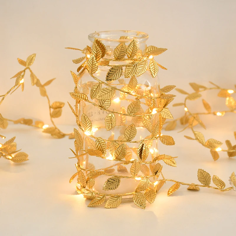 

2M Golden Leaves 20LED Warm White String Lights Battery-operated Golden Leaves Plant Fairy Lights Home Wedding Decoration