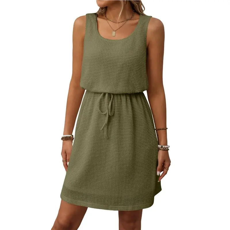 

Женское летнее короткое платье CYL из вафельной ткани с поясом, завышенной талией, квадратным вырезом и без рукавов