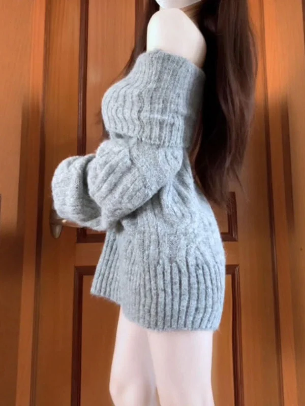 

Retro Korean Sle Loose One-oulder Sweater Faionable Small Size Winter Top Mid-Length Long Sve Crew Ne Color