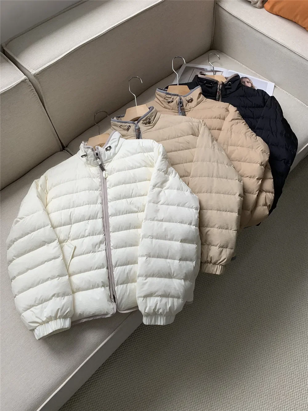 

Women Beaded Goose Down Jacket Autumn Winter 2024 Stand Collar Long Sleeve Zipper Warm Loose Coat