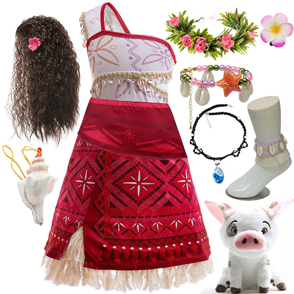 Disney New Movie Moana 2 Dress Christmas Girl Moana Princess Dress Cosplay Girls One-Shoulder Suspender Dress Accessories Set