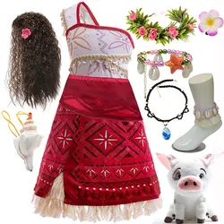 Halloween New Summer Movie Hot Moana 2 Short-sleeved Clothes Girl Cosplay Moana Princess One-Shoulder Suspender Dress + Wig Set