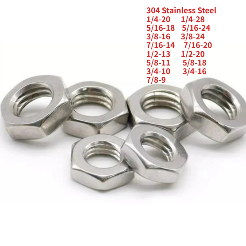

2-50pcs 1/4-20 28 5/16-18 24 3/8-16 24 7/16-14~7/8-9 UNC UNF 304 Stainless Steel US Coarse Fine Thread Hex Hexagon Thin Nut