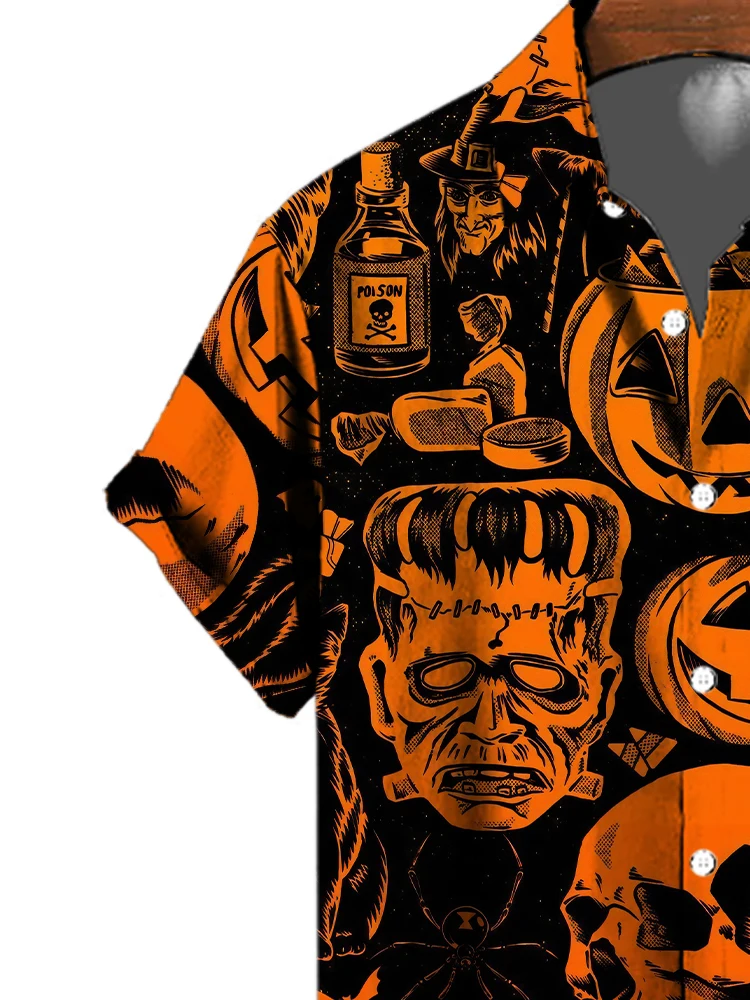 Halloween Horror Pumpkin Camisa de impressão digital 3D masculina solta, casual, manga curta, rua alta, moda gótica, verão