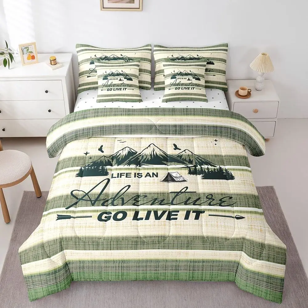 

Queen Size Mountain Adventure Bedding Set with Sheet, Pillowcases & Throw Pillows for RV Camper & Kids/Adults