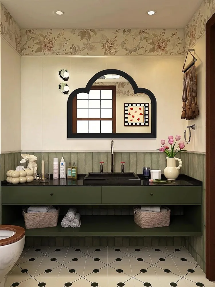 Wall Mounted Makeup Mirror 38cm X 50cm Irregular Design with Wooden Frame Window Decorative Bathroom Vanity Mirror view 3