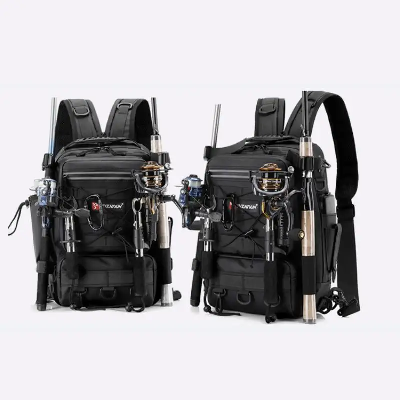 Plecak wędkarski na sprzęt z uchwytem na wędki, duża pojemność, wodoodporny, kamuflażowy plecak podróżny na ramię.