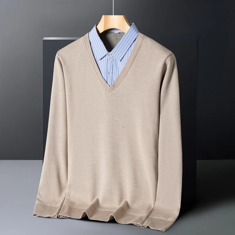 New Fall and Winter Fake Two-piece Knitted Versatile Striped Shirt Collar Coat Men's Sweater Base Shirt Underwear Top