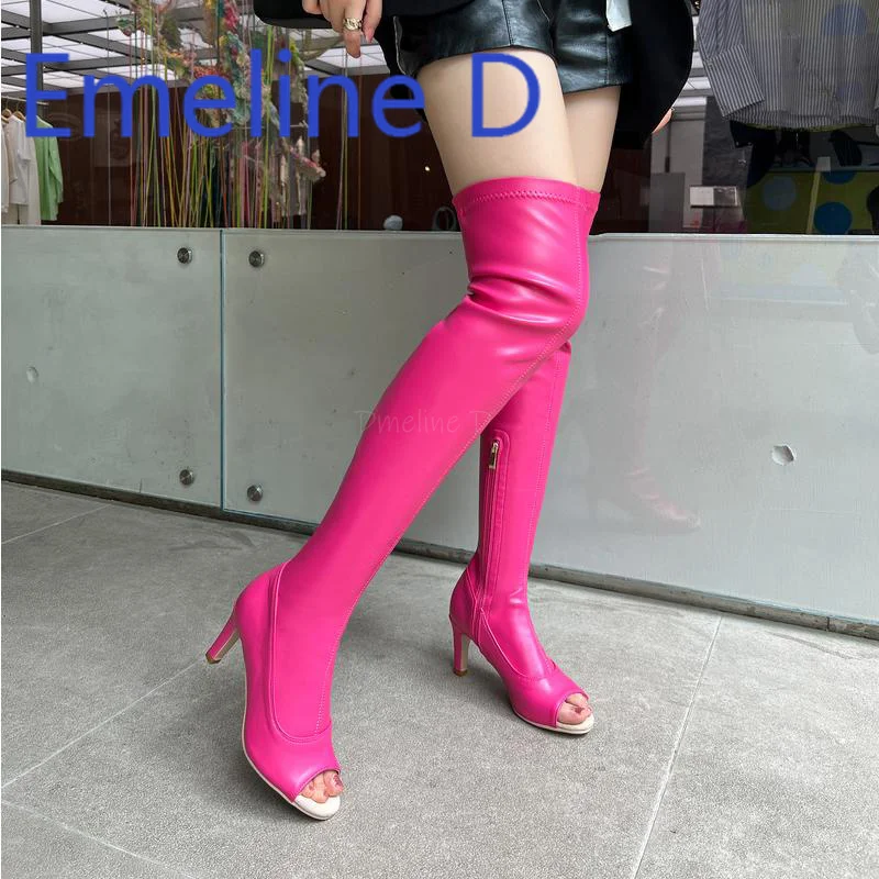 Fish Mouth Knee High Boots Fashionable Slim Heels Jazz Dance Shoes High Heels Elastic Long Tube Side Zipper Design Women's Boots