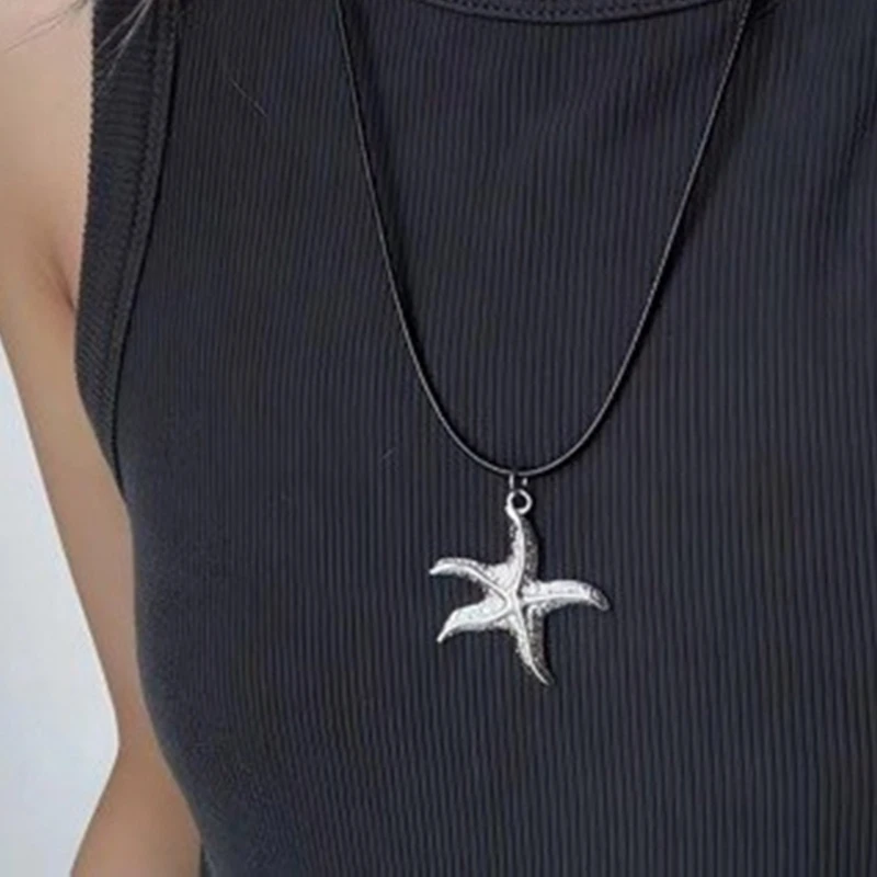 Fashionable Adjustable Starfishs Pendant Necklace with Sturdy Black Cord Fashionable Beach Jewelry for Trendy Women