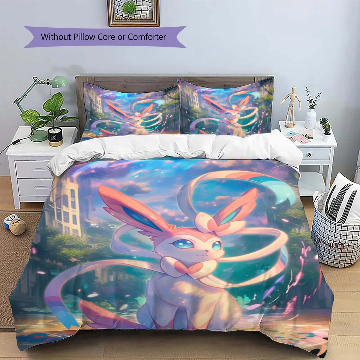 Sylveon Patterned Pillowcase & Duvet Cover Set Anime Graphic Pattern Bedding for Bedroom Present for Fans.-TING