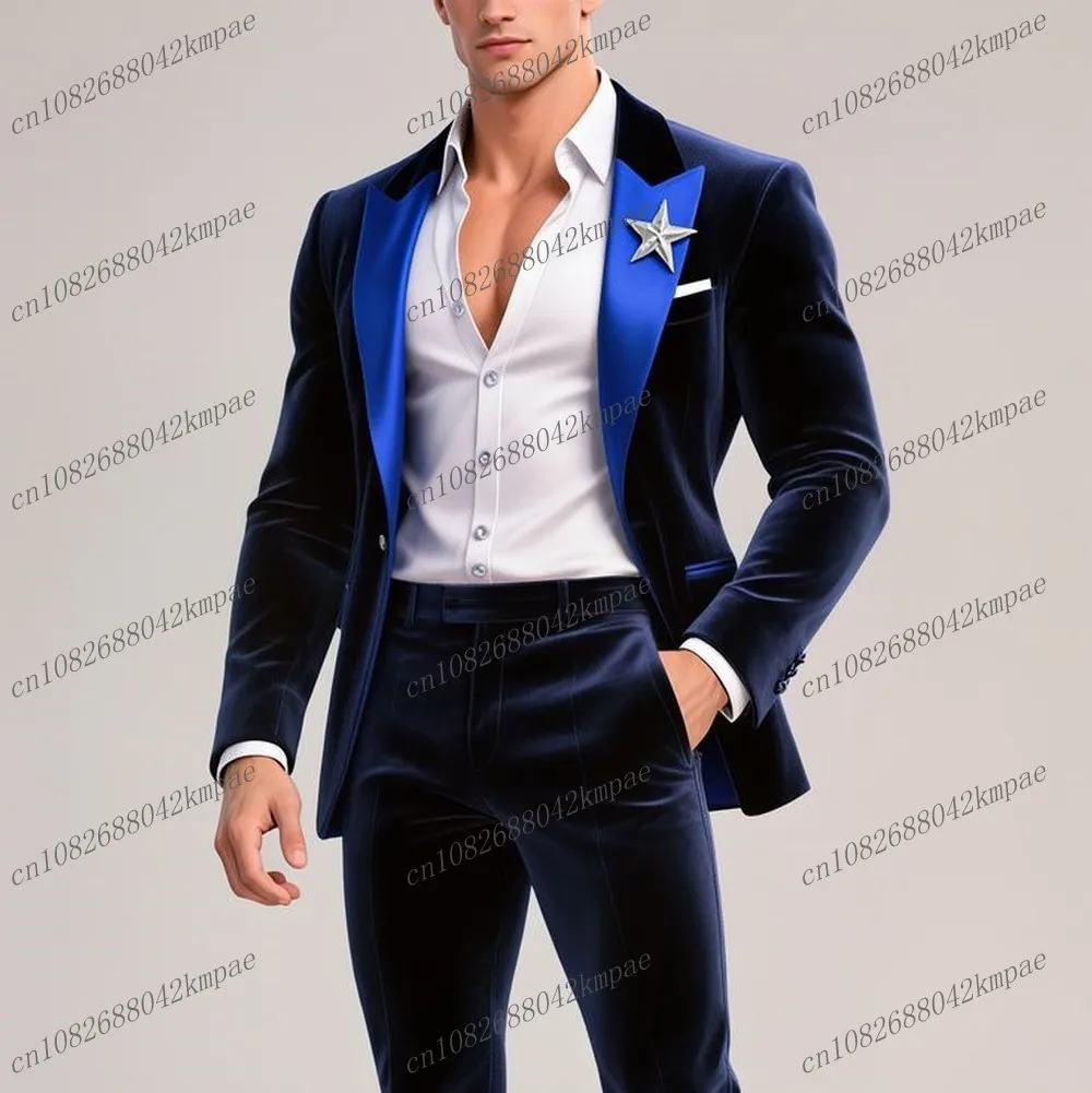

New Velvet Dark Blue Men Suit Formal Business Groom Groomsman Wedding Party Prom Male Tuxedos 2 Piece Set Blazer Pants