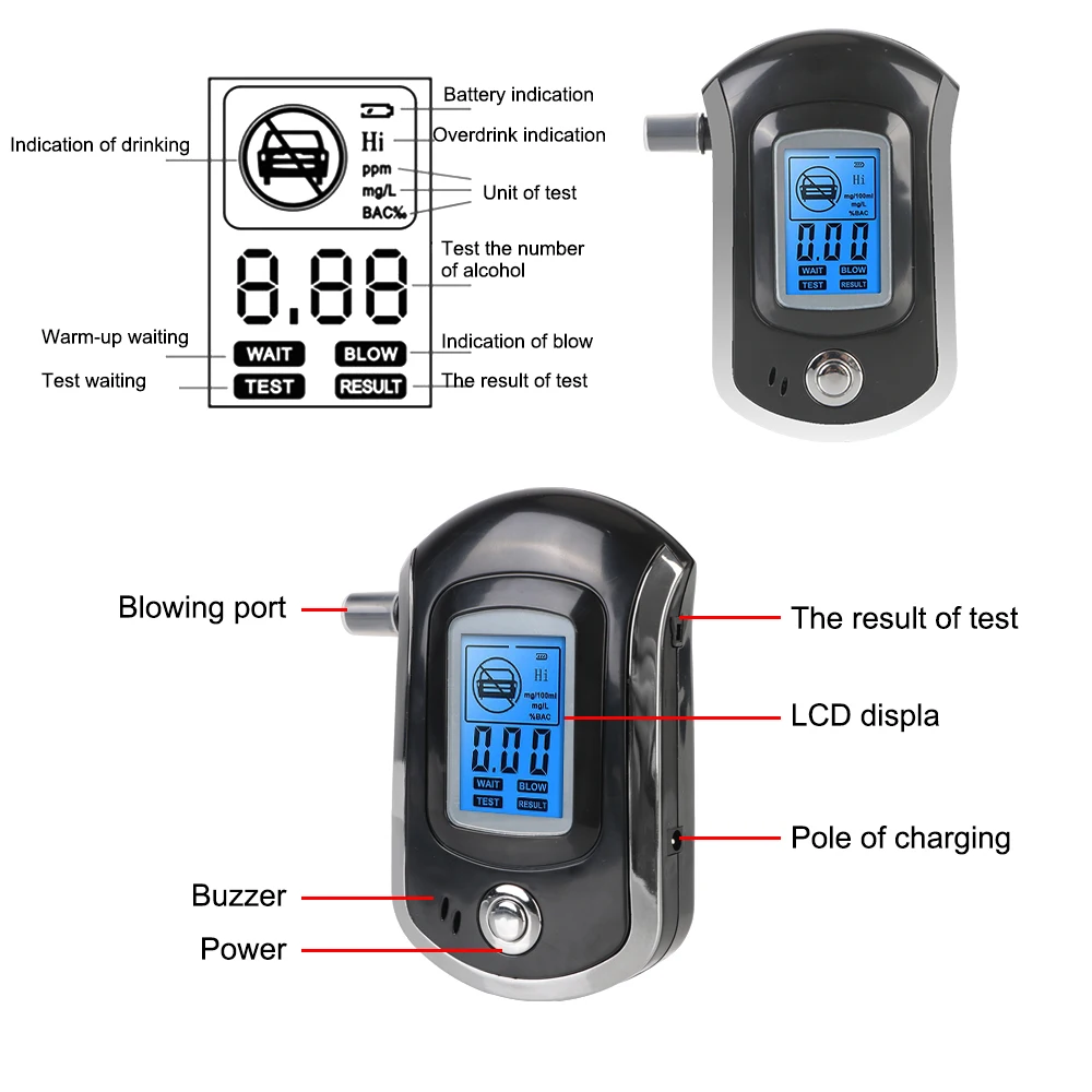 Professional Digital Breath Alcohol Tester AT6000 Breath Drunk Driving Analyzer LCD Screen Manual Mini