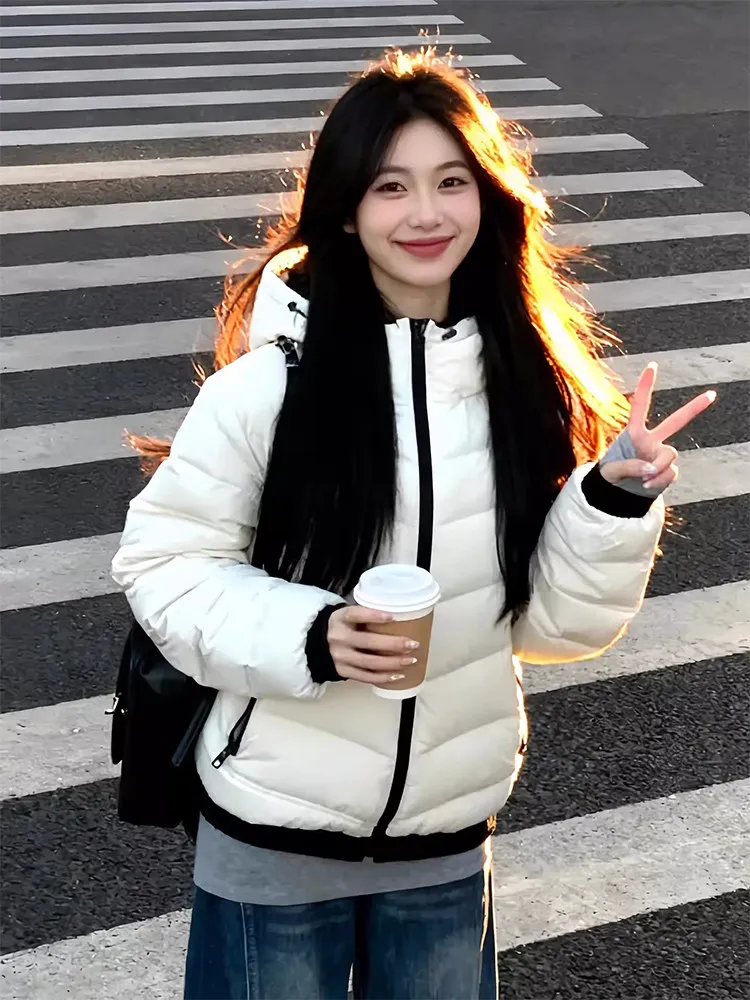 

Корейская женская утепленная хлопковая куртка с капюшоном, больших размеров, приталенная, зимнее пальто, однотонное, с длинными рукавами, на молнии