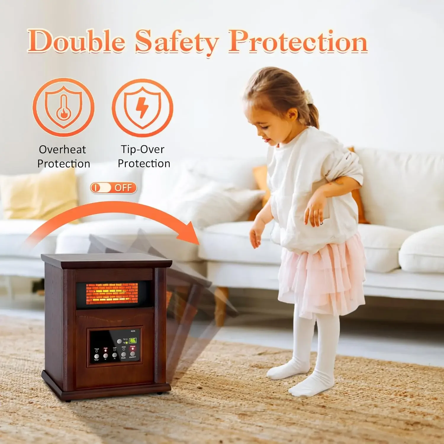 1500W Electric Infrared Space Heater, Quartz Heater for Indoor Use, Tip-Over & Overheat Protection with Remote Control