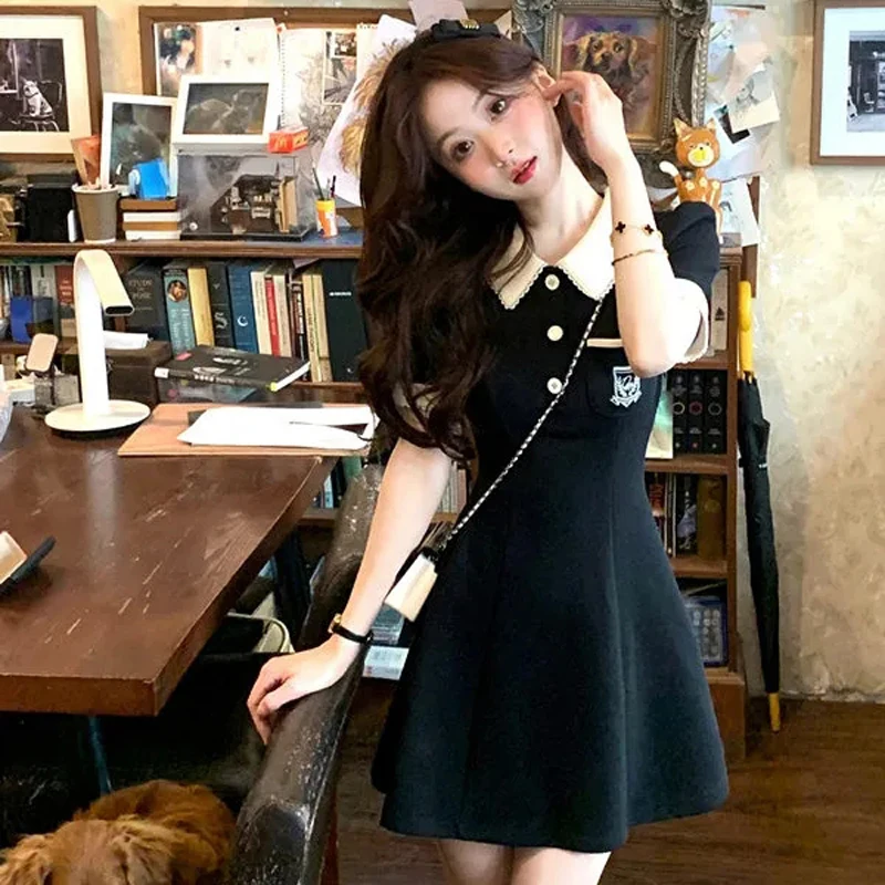 Polo Women\'s Dress With Collar One Pieces Korea Summer Sweet Short Sleeve Mini Skirt Kpop Elegant Sundress Y2K Aesthetic Skirts