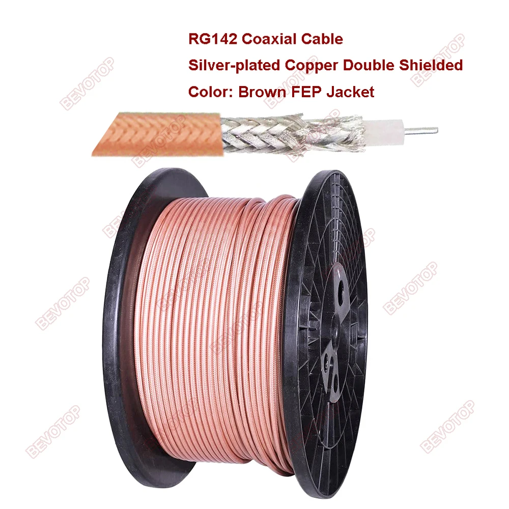 BEVOTOP RG142 Coaxial Cable Silver-plated Copper Double Shielded RF Coaxial Cable 50 Ohm Low Loss FEP Brown or Blue Color