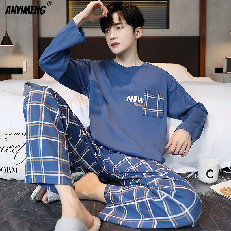 Autumn Winter New Pajamas for Men Round Collar Faux Cotton Long Sleeves Deep Blue Pijamas Man Chic Sleepwear Soft Homewear