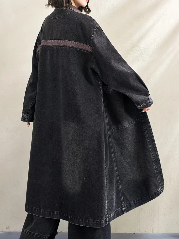Amax LuluE 春 ブリティッシュ ヴィンテージ パッチワーク トレンチコート レディース 2026 クラシック デニム ウィンドブレーカー レディース ルーズ カジュアル ロングコート