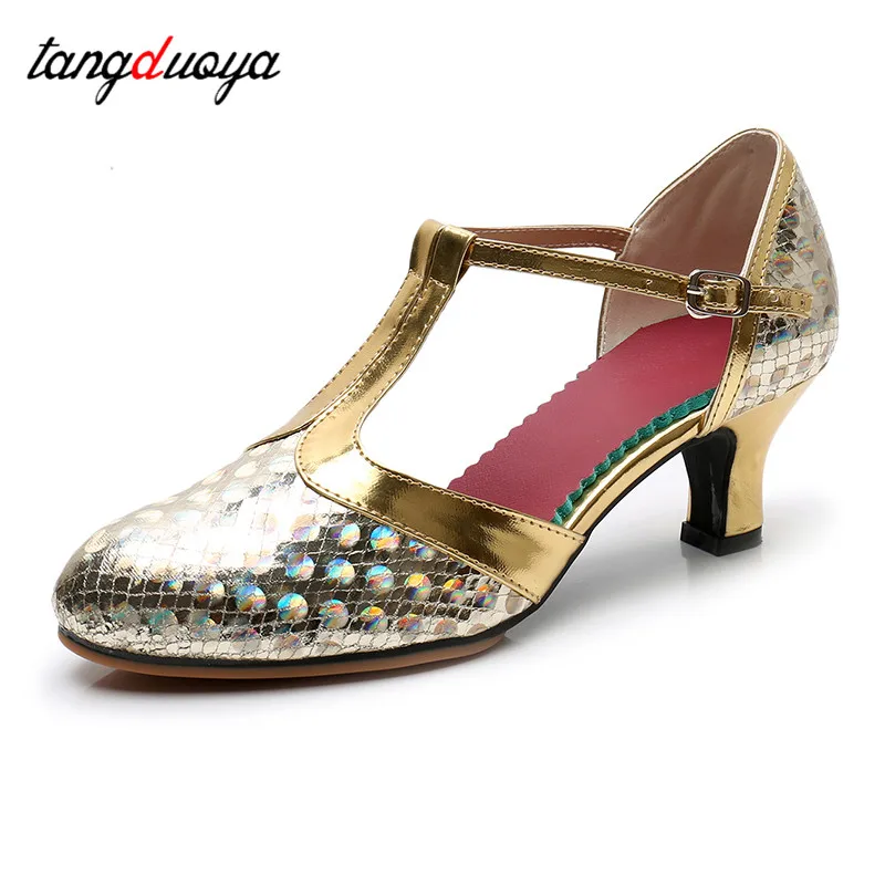 Sepatu dansa Salsa sepatu dansa Latin wanita sepatu dansa ujung tertutup Glitter hak tinggi 5.5cm sepatu dansa Tango Ballroom sandal perempuan wanita