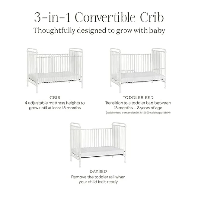 Namesake Abigail 3-in-1 Convertible Metal Crib in Washed White, Greenguard Gold Certified