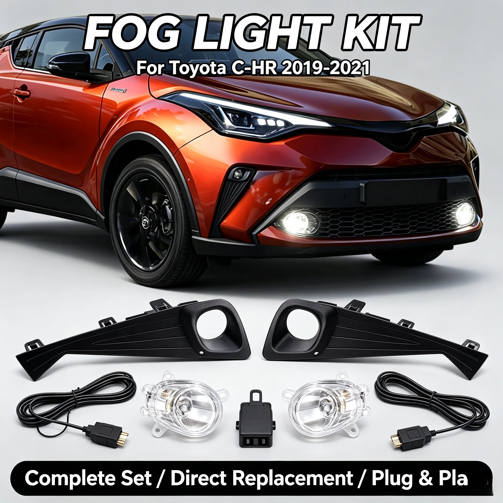 Car Front Fog Lamp FOR Toyota C‑HR 2019‑2021 Matte Black Fog Light Cover Bezel Driving Light With Wiring Harness Complete Set