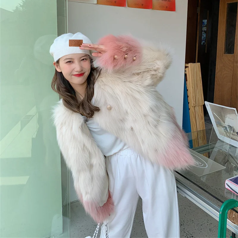 High Fox Fur Women's Coat Quality Middle and Long Sweet Pink Gradation Swallow Tail Single Breasted Real Fur Jackets Female