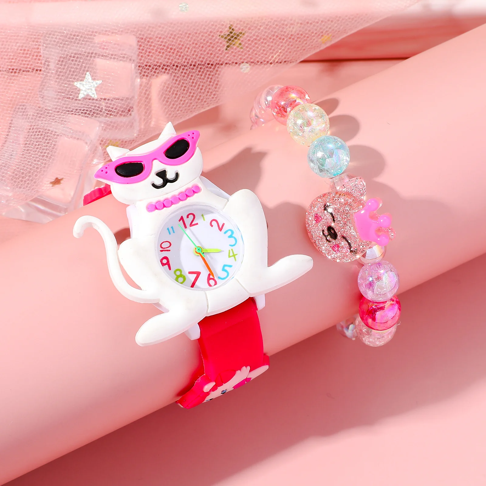 Fashion Simple Silicone Cat Children\'s Quartz Watch Set