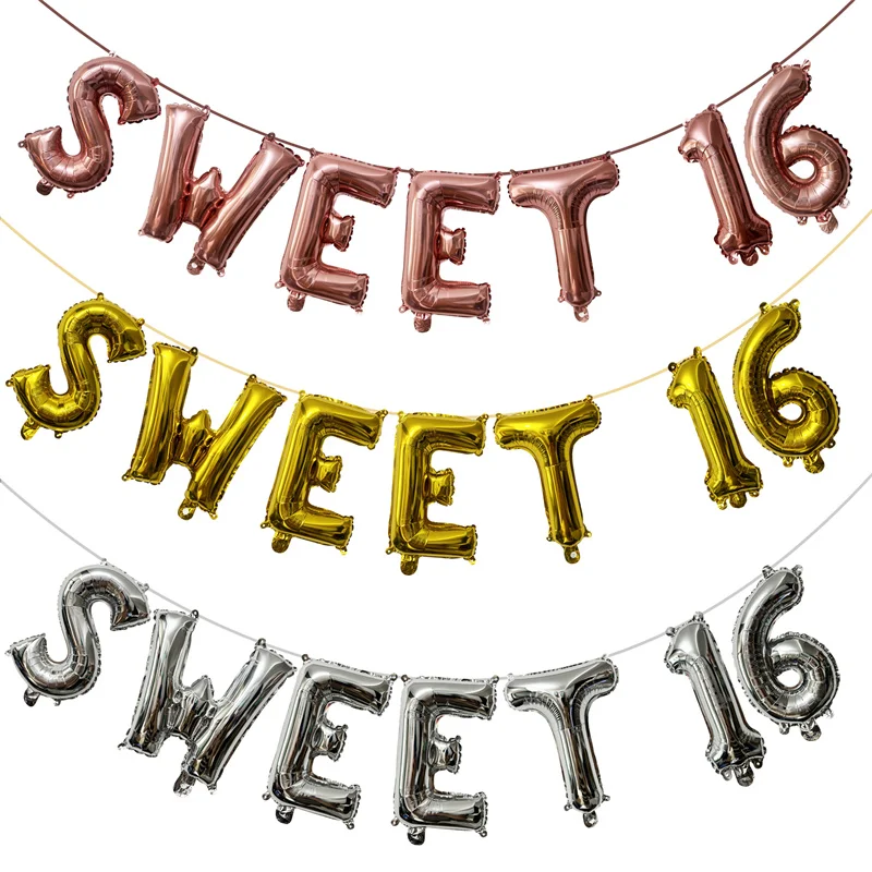 7Pcs 16inch Sweet 16 Foil Balloons Happy Birthday Party Decor Boy Girl Sixteen Anniversary Party 16th Birthday Balloon Supplies