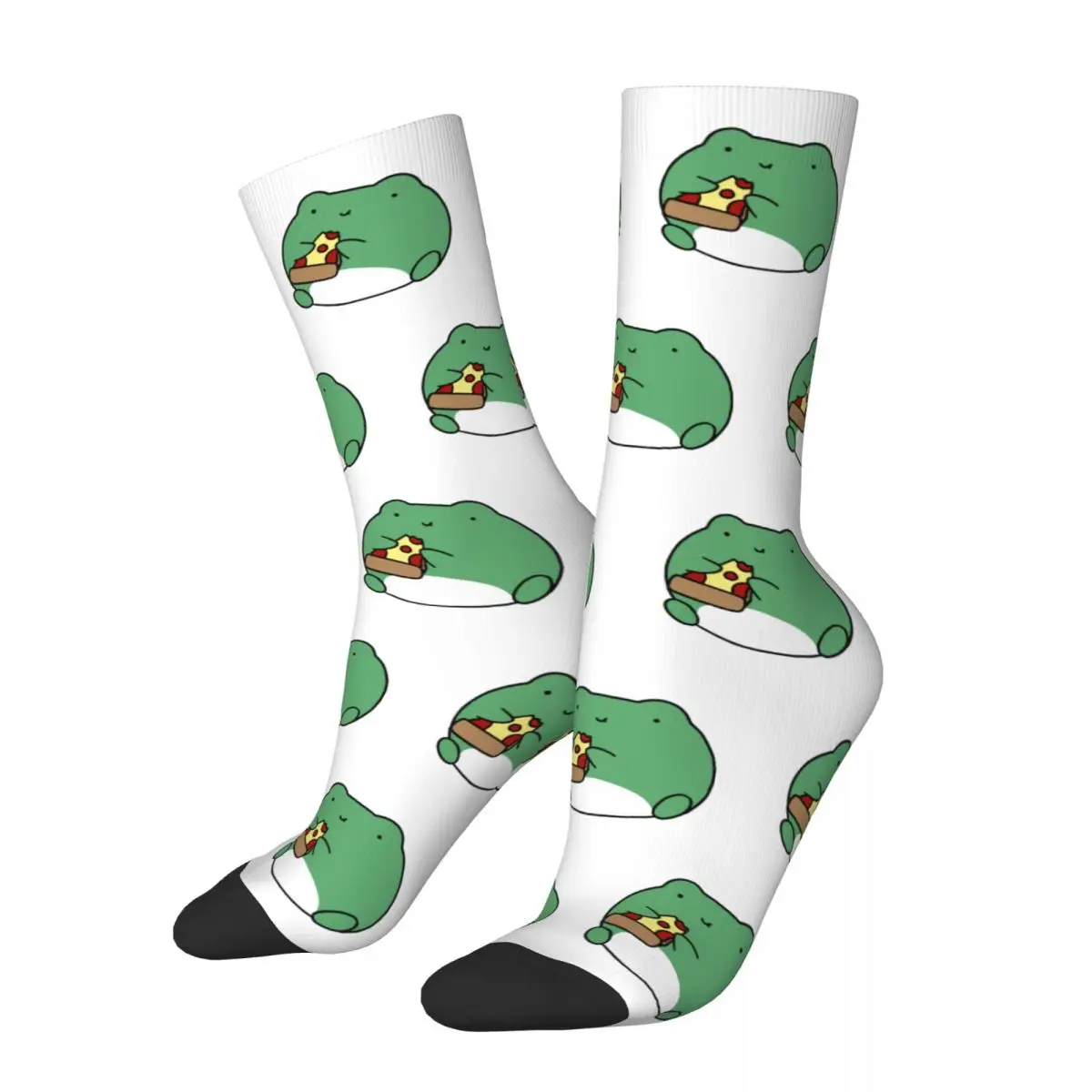 Fashion Chubby Frog Eating Pizza Basketball Socks Kawaii Polyester Long Socks for Women Men Non-slip