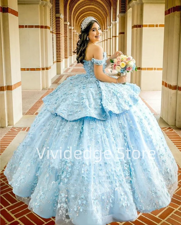 Personalizado céu azul princesa sem alças rendas vestidos de baile 15 anos formal quinceanera vestido frisado applique vestidos de fiesta